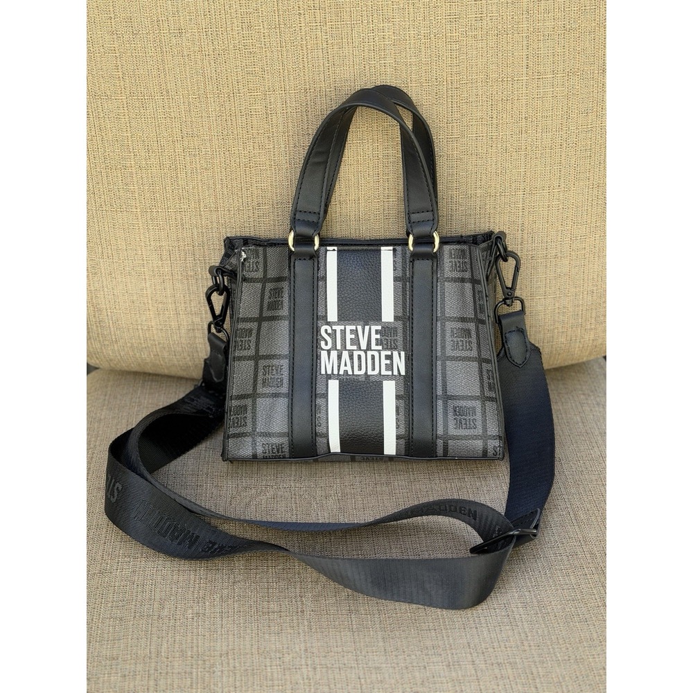 Steve Madden Black Gray Logo Mini Tote Crossbody Bag Detachable Strap